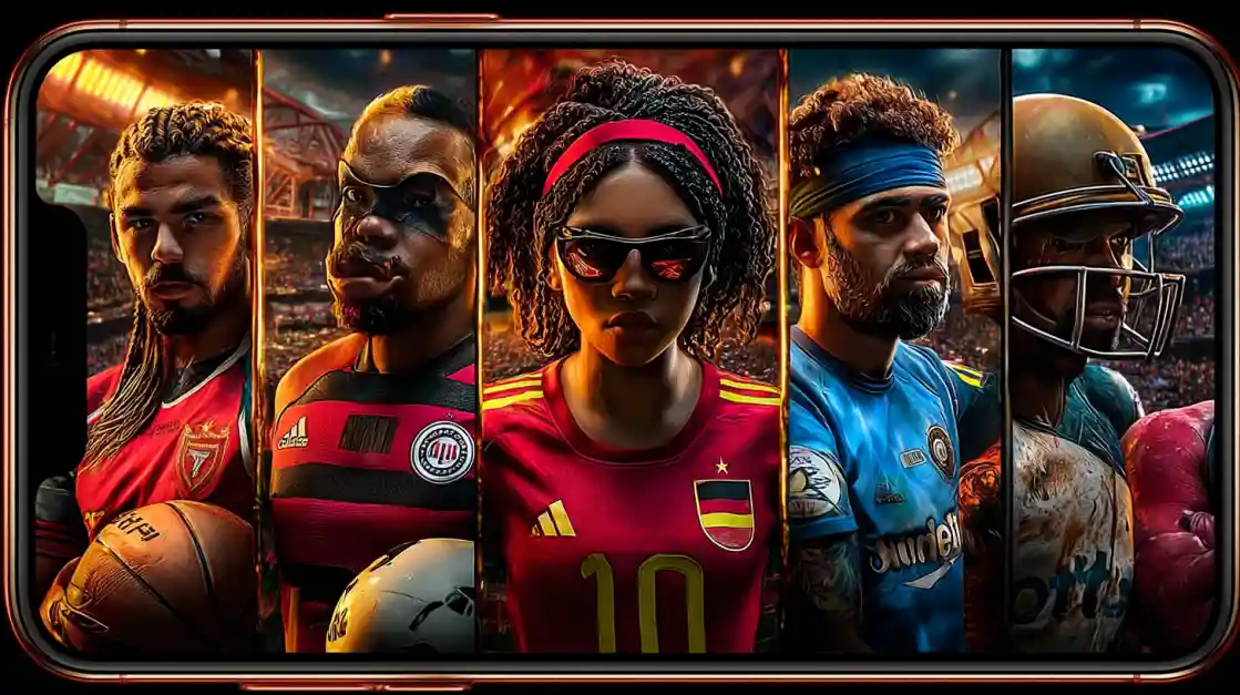 A smartphone screen displays a powerful collage of diverse male and female athletes from various sports, including football and soccer, representing the comprehensive sports betting options at 1777bd.