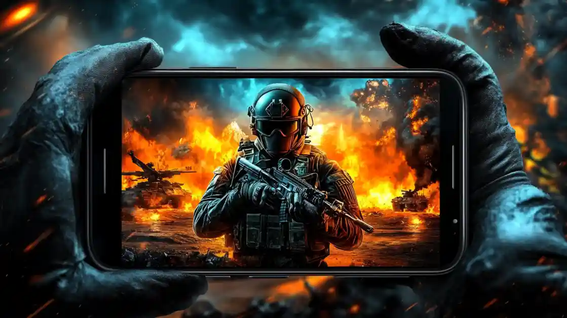 Hands holding a smartphone displaying an intense military shooter game with a soldier amidst explosions and tanks, showcasing the immersive action available on 1777bd.