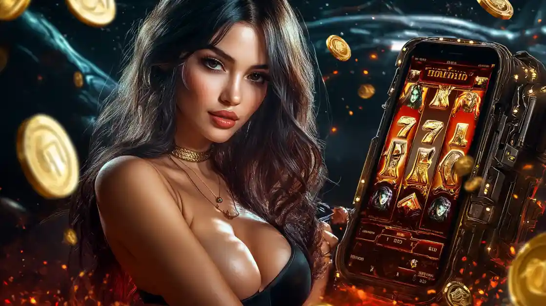 A beautiful woman in a black top looks confidently at the viewer while holding a smartphone displaying a 1777bd mobile slot game with 777 symbols and golden coins.